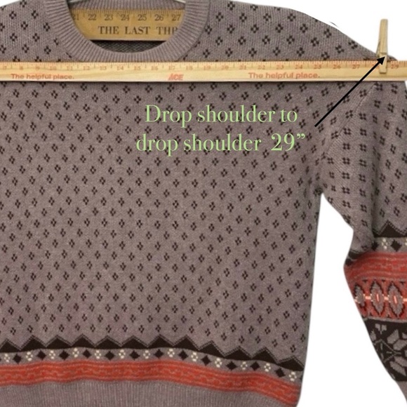 Thick Tight & Rib Knit Crewneck Sweater Taupe Brown Coral Fair Isle Pattern - Picture 6 of 10